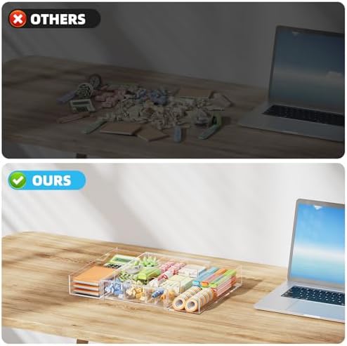 Marbrasse Expandable Desk Drawer Organizer, Clear Plastic Drawer Organizer Tray with 10 Adjustable Compartments, Desk Organizers and Accessories, 5 Drawer Dividers for Office Supplies (Clear-2P)