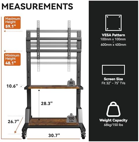 AENTGIU Rolling TV Stand, Mobile TV Stand for 32-75-Inch TVs up to 150lbs