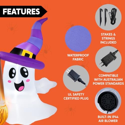 JOYIN Halloween Inflatables Ghost Outdoor Decorations, Cute Blow Up Ghost Holding Broom with LED, Blow Up Yard Decorations for Halloween Outdoor Yard Garden Lawn Party Decor