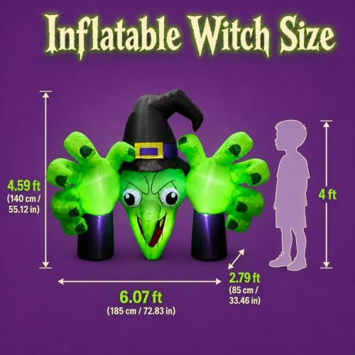 6FT Giant Halloween Inflatables Wicked Witch with Huge Grabbing Hands, LED Halloween Blow Ups Decorations, Creepy Inflatable Halloween Decorations Outdoor for Yard, Lawn, Garden, Porch and Party