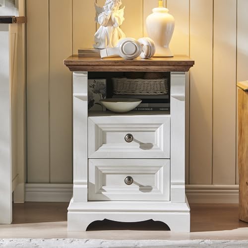 Farmhouse Nightstand with Charging Station 18"Wood End Table w/Roman Column