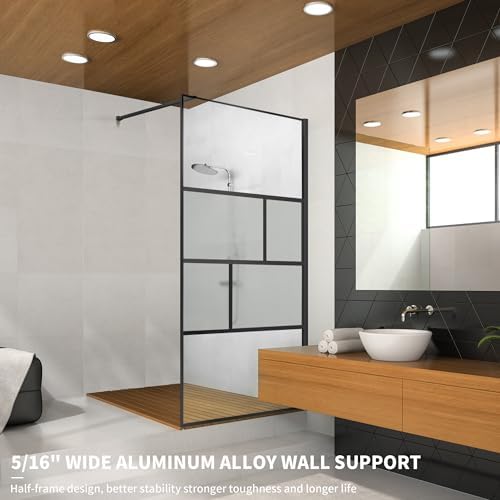 Bathroom Shower Door, Modern Grid Shower Door 34 * 74 Inch, 5/16"(8mm) Clear Tempered Glass and Frosted Glass Shower Panel, Matte Black