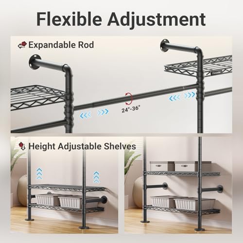 Timate F3 Medium Wall Mounted Clothes rack Expandable Closet, Industrial Pipe Clothing Rack for Hanging Clothes, Heavy Duty Clothes Rack with Shelves, Garment Rack Wall Closet System Black Pipe Closet