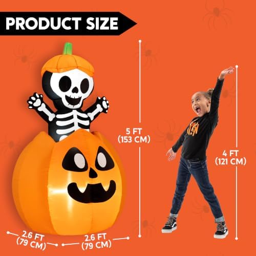 Joiedomi 5FT Halloween Animated Inflatables Outdoor Decorations, Inflatable Skeleton On Pumpkin with LEDs, Cute Blow Up Pumpkin Skeleton Decor for Outside Yard Indoor Lawn Garden Party Decoration