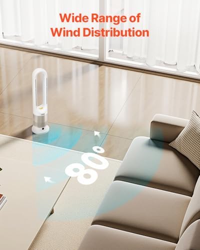 VEVOR Tower Fan Bladeless, 16 ft/s Velocity Quiet Floor Fan with Cooling Effect & Heating Mode, 80° Remote Oscillating Fan, 8-Speed 9H Timer Standing Fans for Bedroom, Office, Home