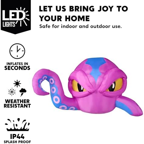 Joiedomi 4 FT Tall Halloween Inflatable Purple Octopus Head with Tentacles Broke Out from Window with Built-in LEDs Blow Up for Halloween Window Decor, Outdoor Yard Garden Lawn Party Decoration