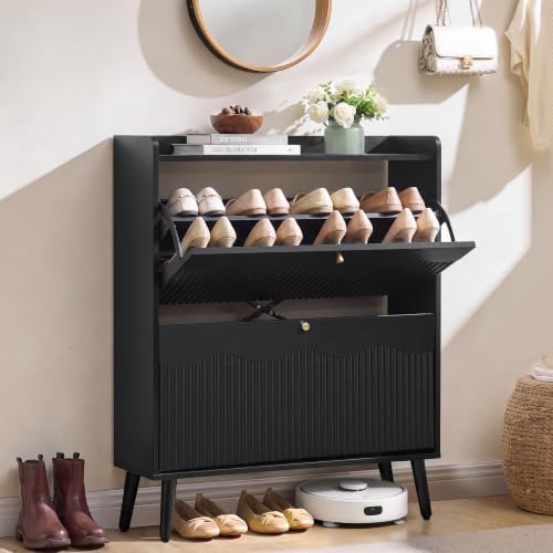 BERRYMERRY 31.5” Black Fluted Shoe Cabinet Storage with 2 Flip Drawers