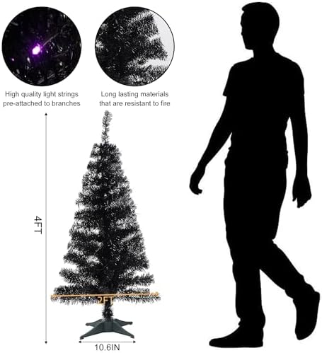 Juegoal Lighted Artificial Halloween Black Christmas Tree, 4FT Black Tinsel Pine Tree with 70 LED Purple Lights, 8 Modes & Timer for Home Party Decorations