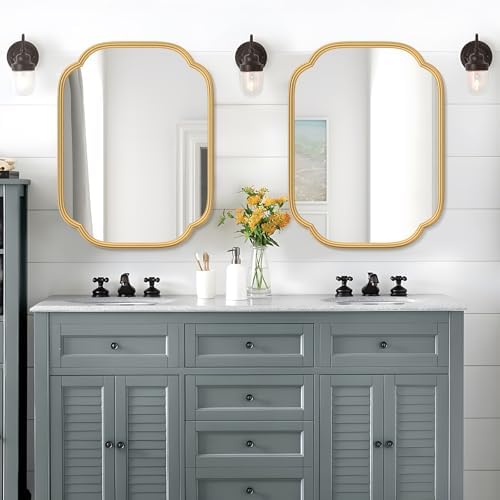 Ferytange Gold Mirrors for Bathroom, 18" x 24" Rectangular Wall Mirror for Bathroom Metal Frame Farmhouse Rounded Corner Wall Mirror (Horizontal/Vertical)