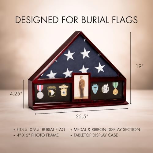 Bey-Berk Custom Personalized American Flag Display Case for 5' x 9.5' Burial Memorial Flag, Military Medal Shadow Box with Glass Front and 4"x 6" Picture Frame (Mahogany)
