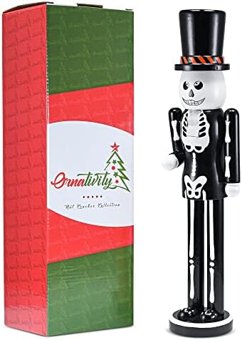 Ornativity Christmas Scary Skeleton Nutcracker – Black and White Wooden Day of the Dead Skeletal Nutcracker Man with Top Hat Xmas and Halloween Themed Holiday Nut Cracker Figure Decorations 15"