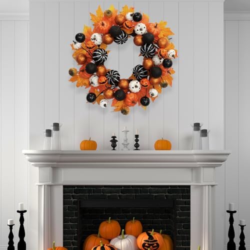 TOKCARE 22 Inch Halloween Wreath for Front Door with Pumpkins and Ornaments
