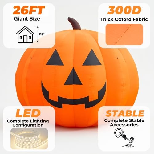 Giant 26Ft Halloween Inflatables Pumpkin Decorations, Blow Up Yard Decorations with 750W Waterproof Air Blower & LED Lights for Commercial Use, Outdoor Yard Lawn Halloween Party