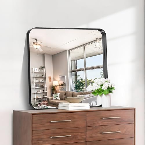 CIRCUMI Black Bathroom Mirror, 30"x30" Rectangular Mirror for Vanity