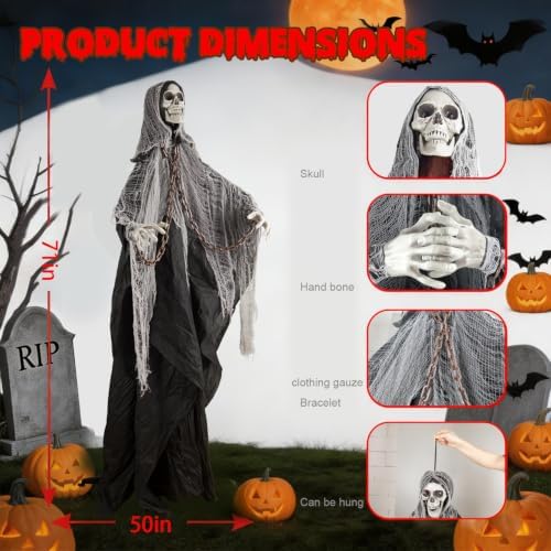 Halloween Skeleton With LED Red Glowing Eyes, Sound & Touch Activated Motion, Audio & Swaying Body, Adjustable Joint Arms for Theme Party, Yard, Lawn, Indoor Outdoor Display Gray Clothes