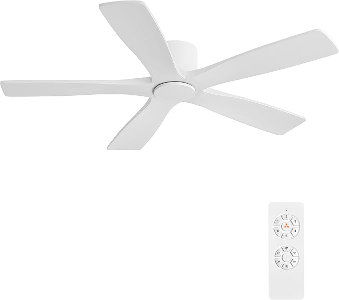 WINGBO 48" Flush Mount DC Ceiling Fans Without Lights, 5 Carved Solid Wood