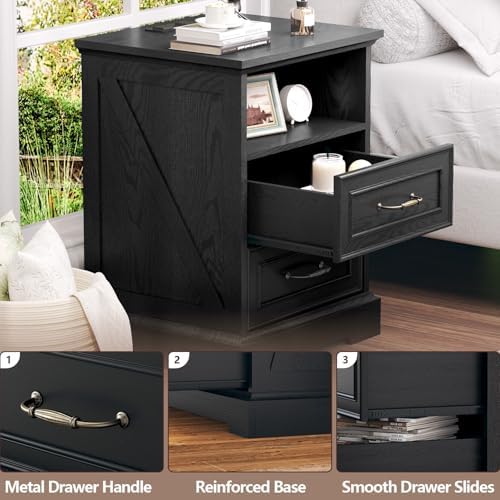 Black Nightstand with Charging Station,18" Wide End Table with 2 Large Drawers & Metal Handles,Rustic Farmhouse Wood Small Dresser,Bedside Table,Modern Chest of Drawers for Bedroom,Living Room