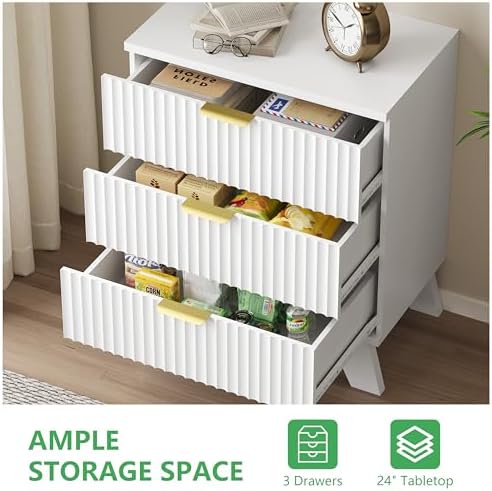 Fluted Dresser for Bedroom with 3 Drawers, 24" Wide Modern Chest of Drawers with Metal Handle, Wooden Dresser TV Stand, Wood Closet Clothes Storage Drawer Organizer for Living Room, Hallway, White