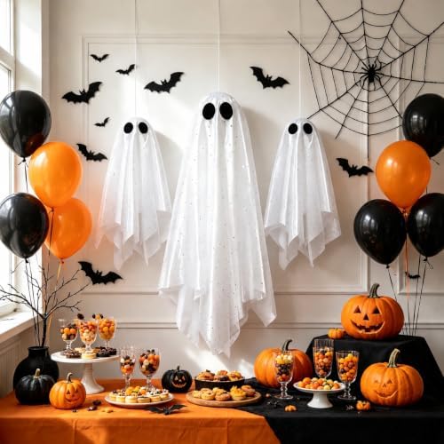 3 Pack Pre-Assembled Hanging Ghosts Halloween Decorations with Warm Glow,Ghos...