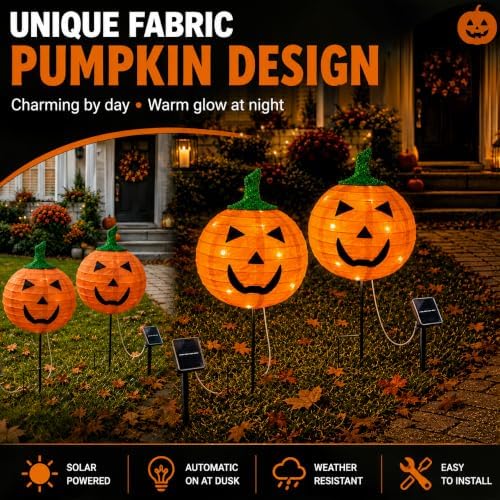 4Pack Solar Halloween Pumpkin Stake Light with 8 Lighting Modes, Fabric Lantern Yard Decor with Metal Stand, Foldable Pumpkin Garden Lights for Lawn, Patio, Pathway, and Halloween Party Decorations