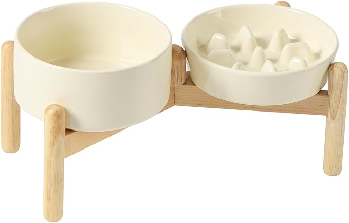 Ceramic 0.9 Cup Raised Slow Feeder Dog Bowl Set, Elevated 6.1inch Slow Dish and