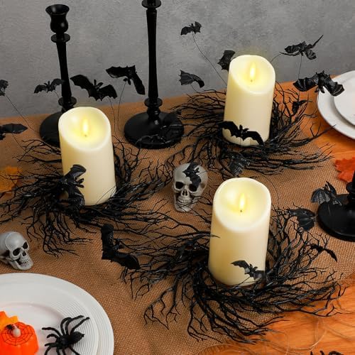 Yunlly 4 Pcs Halloween Candle Rings Wreath Black Black Twig Bat, Bat