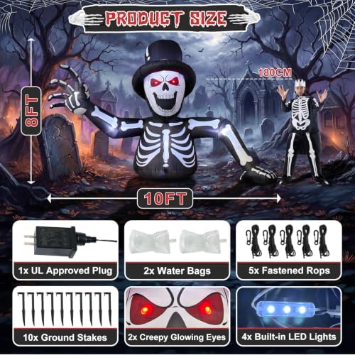 10FT Giant Led Lighted Halloween Inflatables Skeleton for Roof Garden