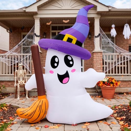 JOYIN Halloween Inflatables Ghost Outdoor Decorations, Cute Blow Up Ghost Holding Broom with LED, Blow Up Yard Decorations for Halloween Outdoor Yard Garden Lawn Party Decor