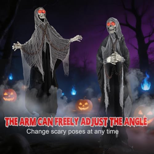 Halloween Skeleton With LED Red Glowing Eyes, Sound & Touch Activated Motion, Audio & Swaying Body, Adjustable Joint Arms for Theme Party, Yard, Lawn, Indoor Outdoor Display Gray Clothes