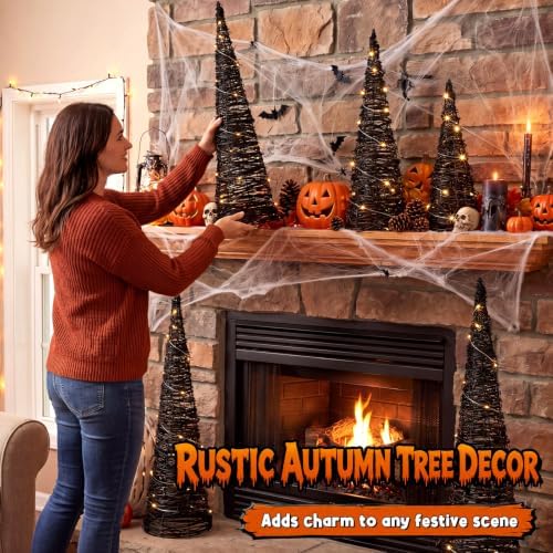 Jenaai 3 Lighted Halloween Rattan Trees 24" 16" 12", Cone Trees Decor