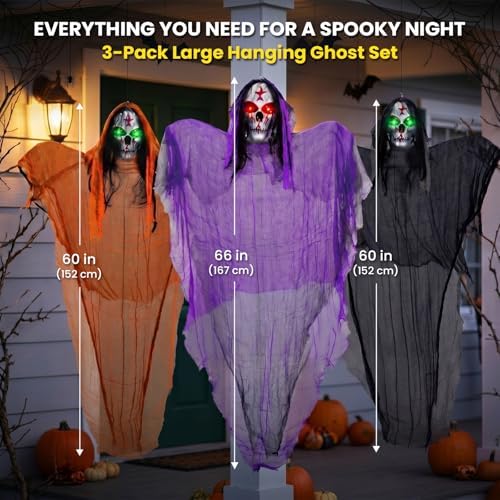 3 Packs Halloween Decorations Outdoor - BCLGSHINE Lighted Giant Hanging Skeleton Decorations, 5.5 ft Scary Halloween-Ghost Lights for Porches, Party, Yards, Gardens, Lawn