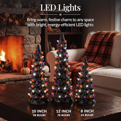Best Choice Products 3Pc Ceramic Halloween Trees, Pre-Lit Hand Painted Pencil Holiday Tabletop Trees w/Orange Purple & White LED Lights