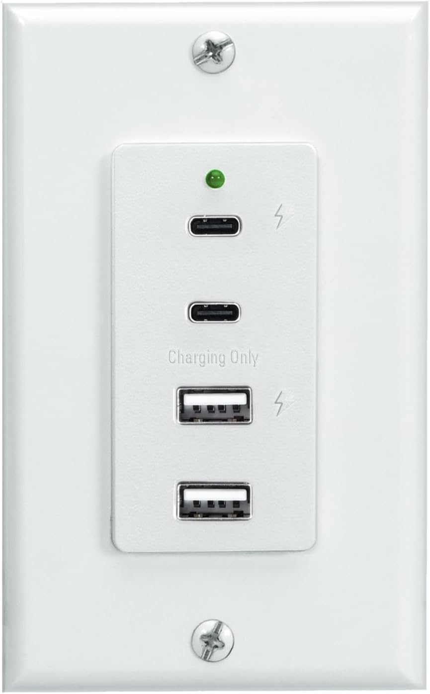 Magnadyne Wall Mount USB-C & USB-A Charging Ports for RV & Vehicle Use, New Model, Includes Wall Plate (White)