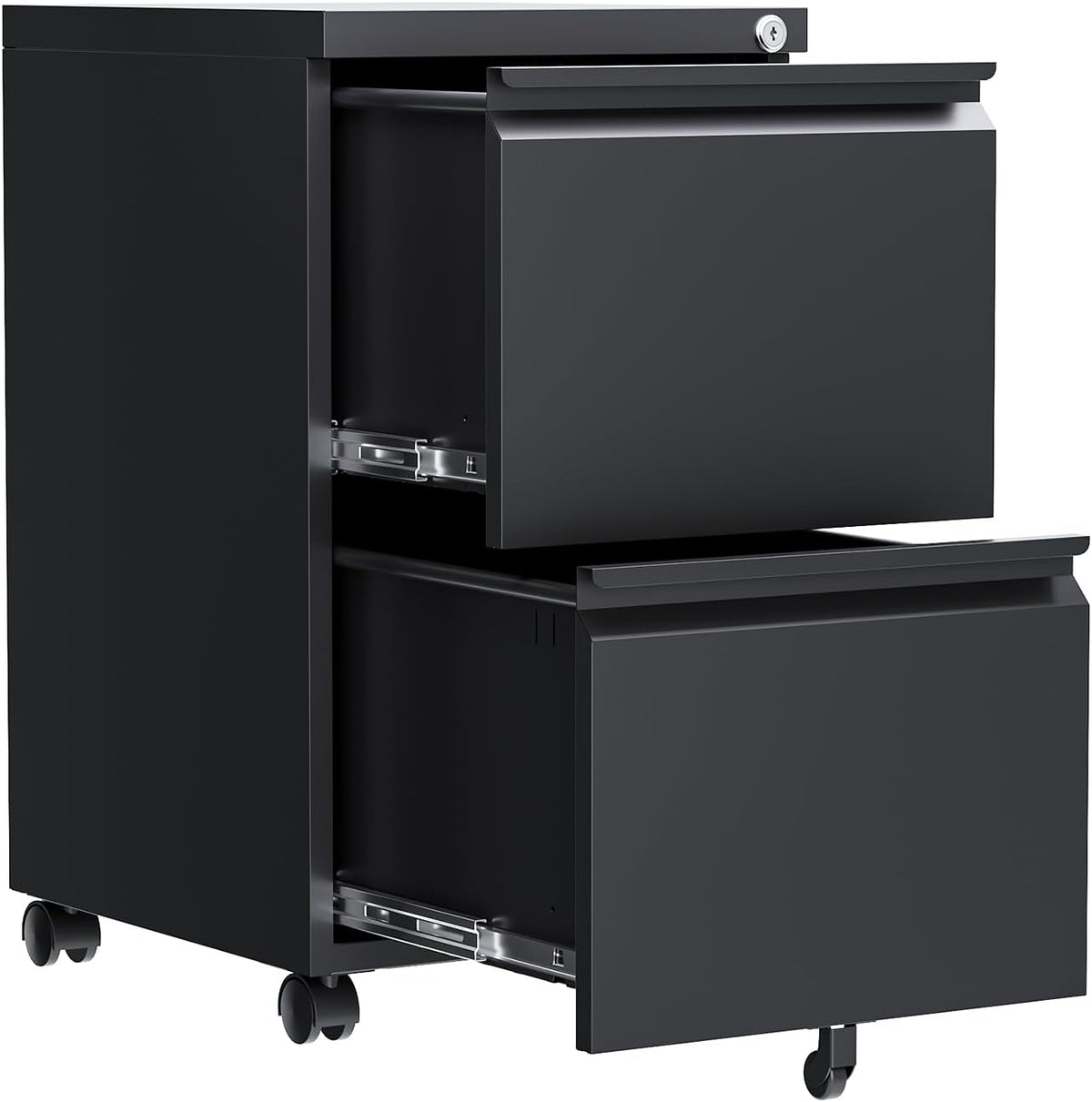 2 Drawer File Cabinet, Fully Assembled Mobile File Cabinets with Lock, Metal Rolling Filing Caninet on Wheels, Small Two Drawer Under Desk Cabnet for Letter/Legal / A4 / File Box - Black