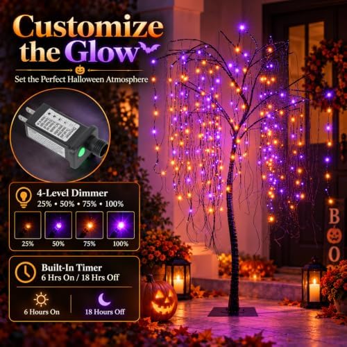7 FT Halloween Lighted Willow Tree 256 LED Orange and Purple Lights Artificial Weeping Willow Tree with 6 Spiders Outdoor Indoor Decoration Christmas Festival Party Home Decor