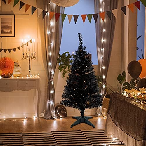 Juegoal Lighted Artificial Halloween Black Christmas Tree, Pre-lit 4 FT Black Tinsel Xmas Pine Trees, Light up with 70 LED Lights Battery Powered, 8 Modes & Timer for Home Office Party Decorations