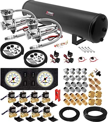 Vixen Air 12V Air Suspension Kit with 200 PSI Compressors and 5 Gallon Tank Onboard Air Ride System for Truck, RV, Car | for Air Bags, Air Springs, Load Leveling, Towing, Train Horns, VXX1208GW/4852DC