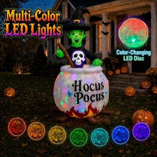 6 FT Halloween Inflatable Witch and Cauldron with RGB Lighted Halloween Blow Ups Outdoor Decorations for Yard, Lawn, Garden, Porch and Party