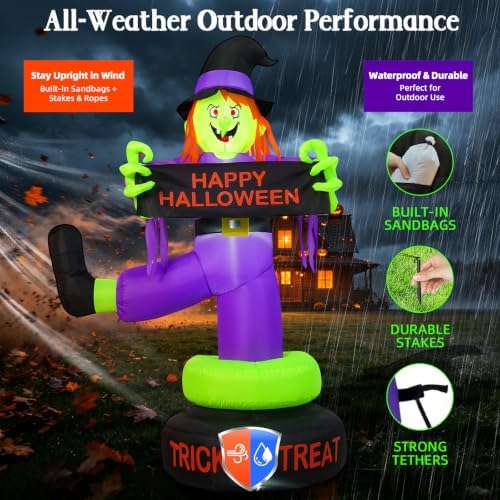 6FT Rotating Halloween Inflatables Outdoor Witch, 360° Swivel Base Lighted with Built-in LEDs, Holding Happy Halloween Sign, Waterproof & Windproof Decoration for Yard Garden Lawn