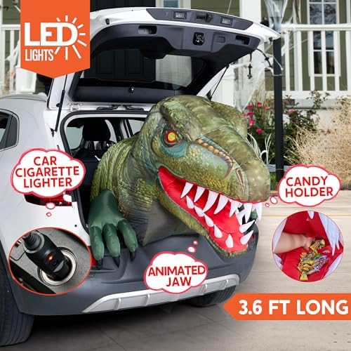 Joiedomi Animated Halloween Inflatable Outdoor Decorations, Trunk or Treat Car Decorations, Blow Ups Animated Dinosaur with LEDs for Halloween Yard Decoration