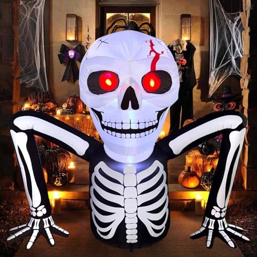 7 FT Halloween Inflatables Skeleton Decoration,Large Skeleton Halloween Decor，Giant Ground Breaking Skeleton Blow Up Yard Decorations Built-in LED for Outdoor Garden, Lawn