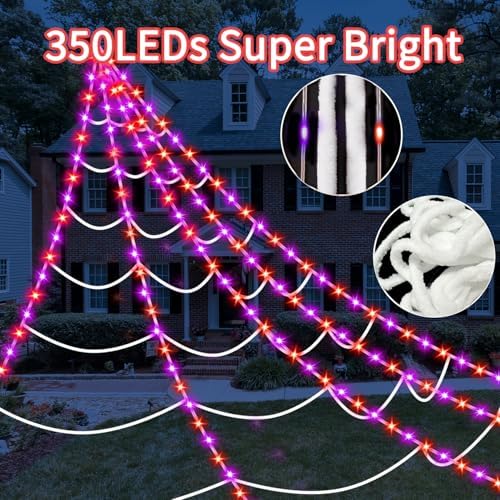 Halloween Decorations Outdoor Spider Web Lights, 23Ft 350 LED Light up Spider Web with 6.6Ft Giant Spider, 8 Modes Waterproof Timer Spiderweb Lights for Garden ＆ Haunted House Decor, Purple + Orange