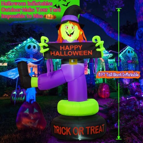 6FT Rotating Halloween Inflatables Outdoor Witch, 360° Swivel Base Lighted with Built-in LEDs, Holding Happy Halloween Sign, Waterproof & Windproof Decoration for Yard Garden Lawn