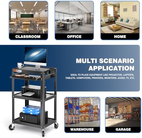 POCHAR Steel AV Cart on Wheels - Rolling Projector Cart with Height Adjustable Shelf, Pullout Keyboard Tray, Power Strip, Cord Management - Mobile Media Carts Computer Workstation for Office Classroom