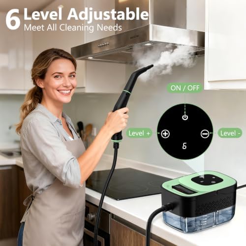 Steam Cleaner, Portable Steamer for Cleaning with 16pcs Accessories, 6-Level Adjustable and 15s Heat-Up, Handheld Steam Cleaner for Home, Tile, Dirt, Grout, Grease, Car Detailing, Light Green