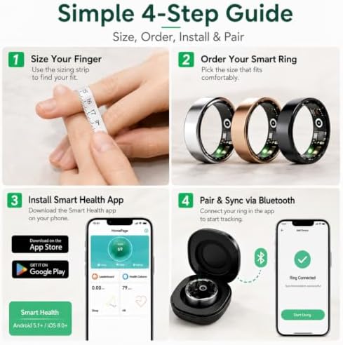 Smart Ring for Women Men, Fitness Tracker Ring with Free App No Subscription Fee, 7 Days Battery Life, Sleep Monitor, Heart Rate & Step Tracker, IP68 Waterproof, Android/iOS Compatible(Silver,8)