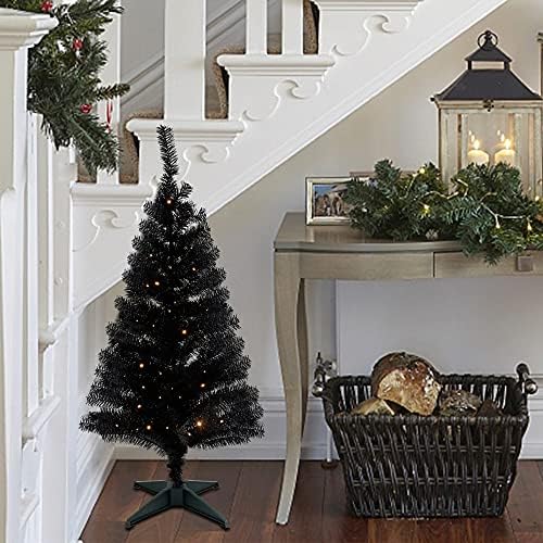 Juegoal Lighted Artificial Halloween Black Christmas Tree, Pre-lit 4 FT Black Tinsel Xmas Pine Trees, Light up with 70 LED Lights Battery Powered, 8 Modes & Timer for Home Office Party Decorations