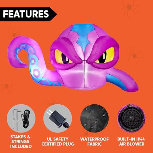 Joiedomi 4 FT Tall Halloween Inflatable Purple Octopus Head with Tentacles Broke Out from Window with Built-in LEDs Blow Up for Halloween Window Decor, Outdoor Yard Garden Lawn Party Decoration