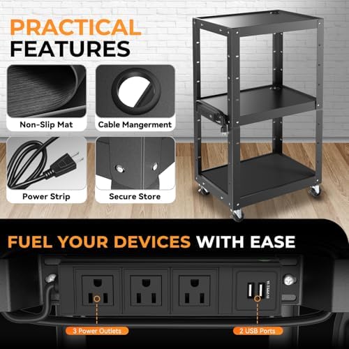 Auto Dynasty Adjustable AV Cart w/Power Strip, 4 ft Rolling Stand, Black