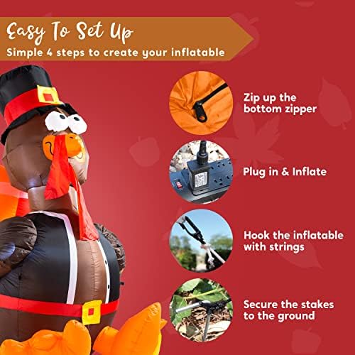 Joiedomi 6 FT Thanksgiving Inflatable Turkey Decorations, LED Light Up Turkey with Pilgrim Hat, Blow Up Decor for Thanksgiving Outdoor Decorations, Halloween Inflatable for Yard Garden